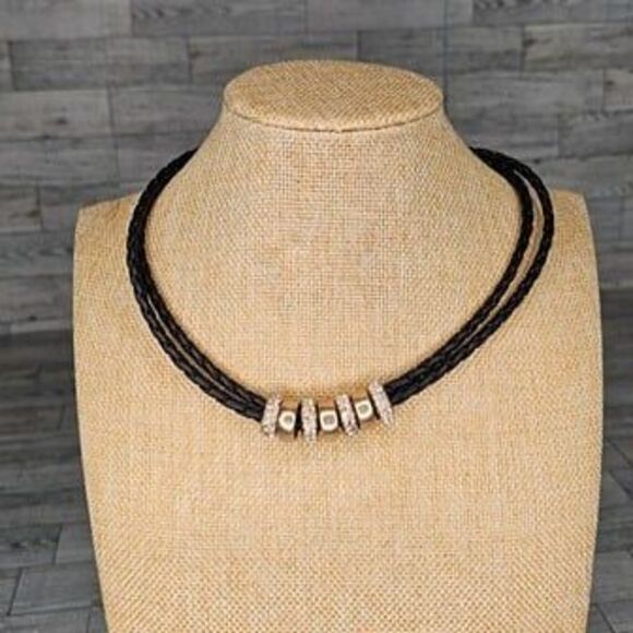 LYDELL NYC Leather Cord Necklace with Gold and Rhinestone Rings 18"L - Picture 2 of 5
